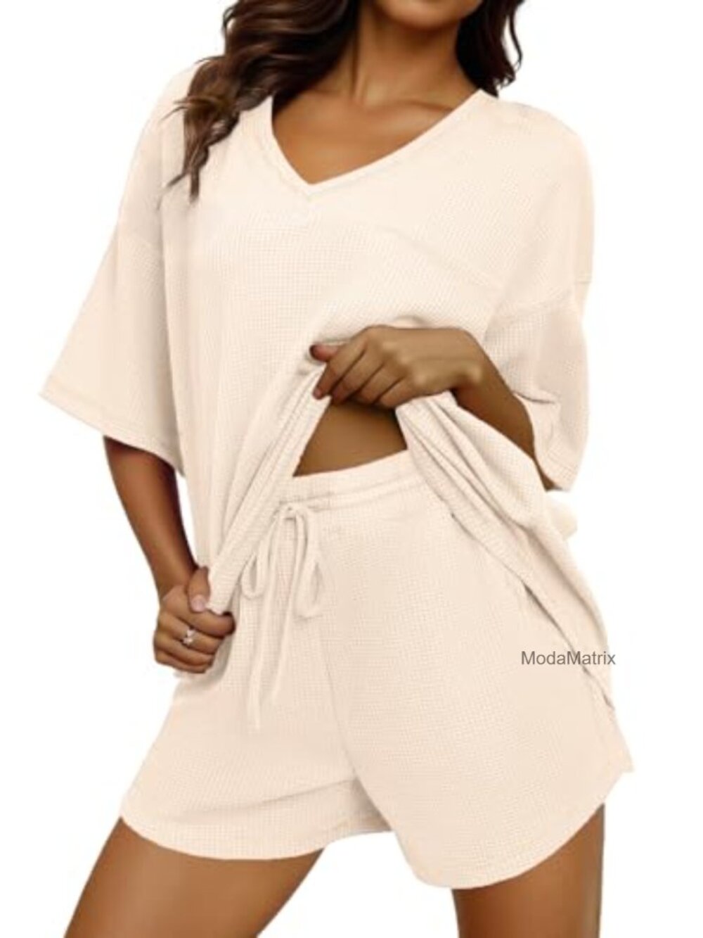 Womens 2 Piece Short Sleeve Lounge Set Drawstring Shorts Pants Waffle Knit